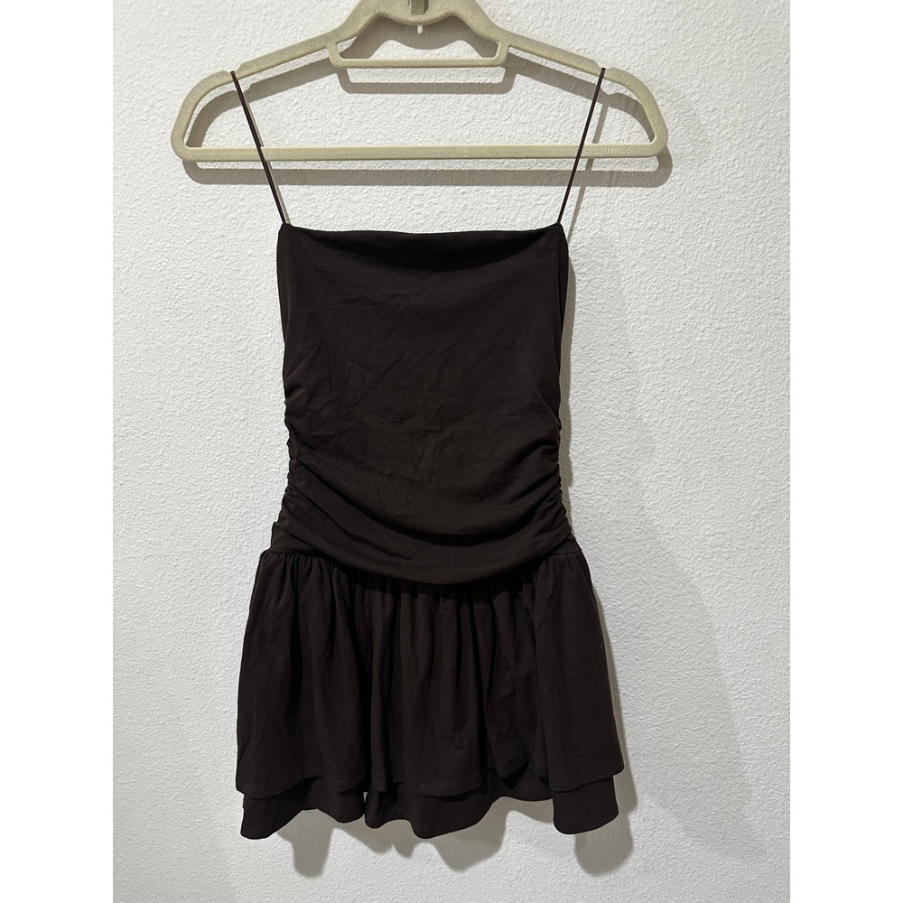 Garage Mini Dress Womens Size S Brown Spaghetti Strap Ruched Ruffle Layered Hem